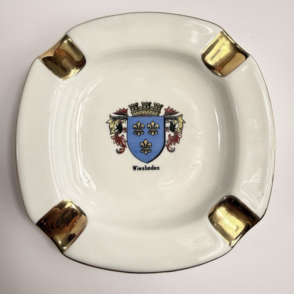 Wiesbaden Crest Porcelain Ashtray With Gold Accents By Bavaria Germany 5"x 5"